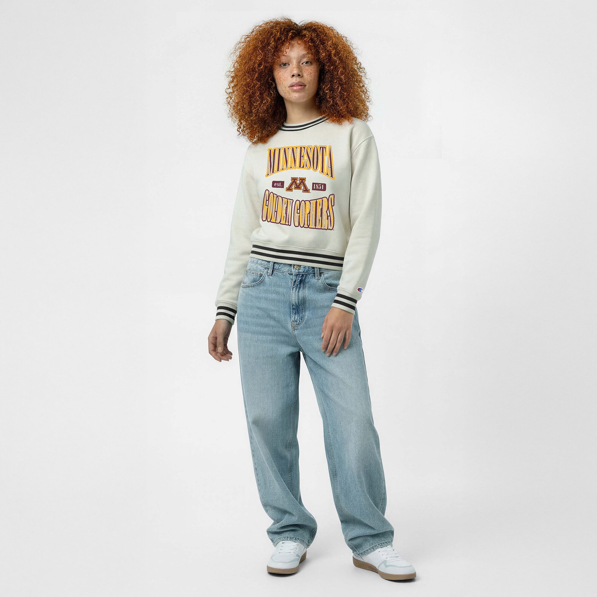 Women's Champion White Minnesota Golden Gophers Yarn Dye Rib Reverse Weave Crew Sweatshirt